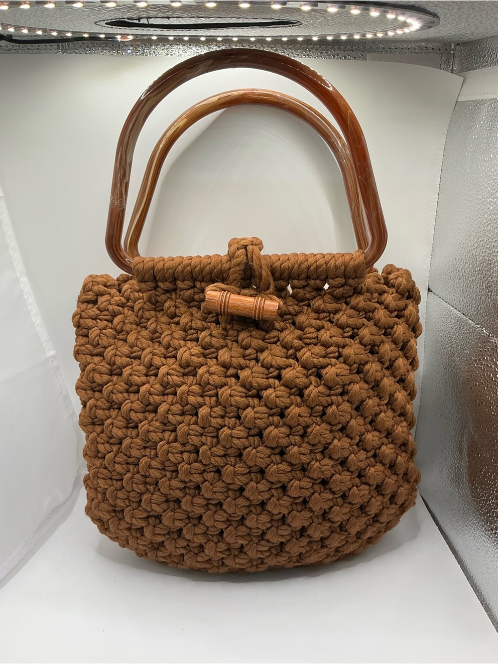 Vintage Woven Knit Tote Bag in Brown